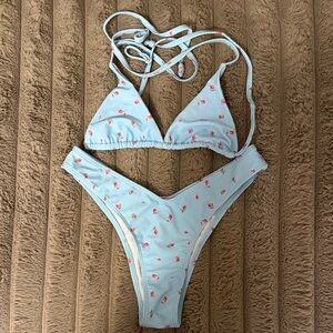 Light Blue Triangle Bikini with Tiny Pink Floral Print